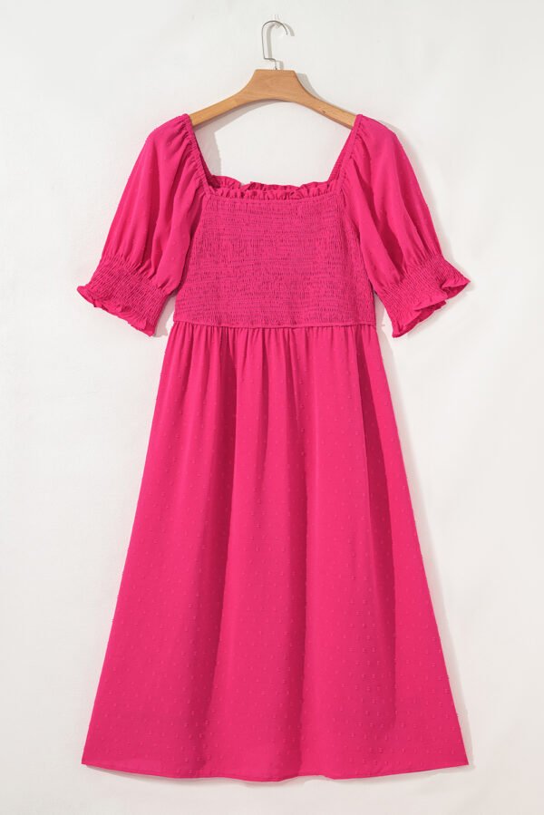 Sachet Pink Swiss Dot Smocked Frilled Neckline Short Sleeve Plus Size Dress