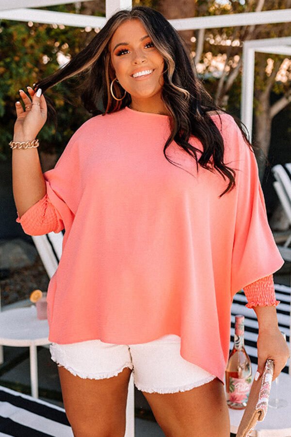 Blossom Shirred Cuffs Half Sleeve Plus Size Textured Blouse