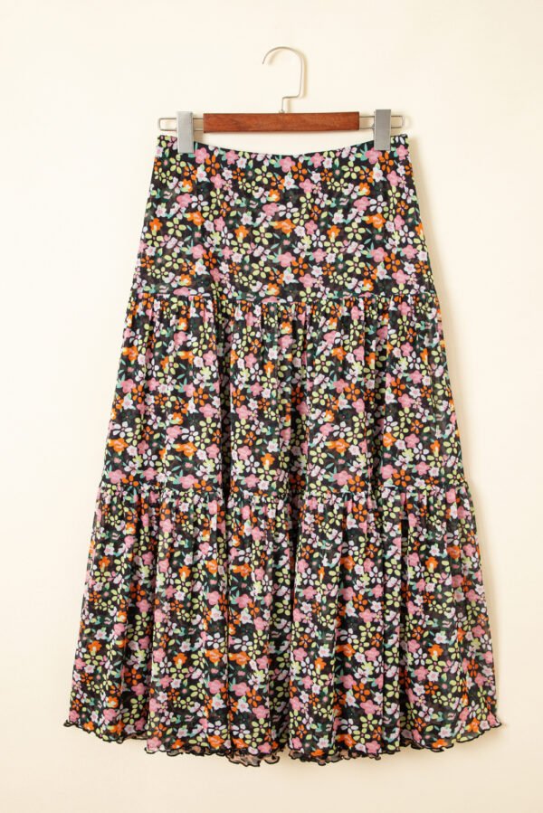 Brown Leopard Floral Reversible Ruffle Hem Maxi Skirt