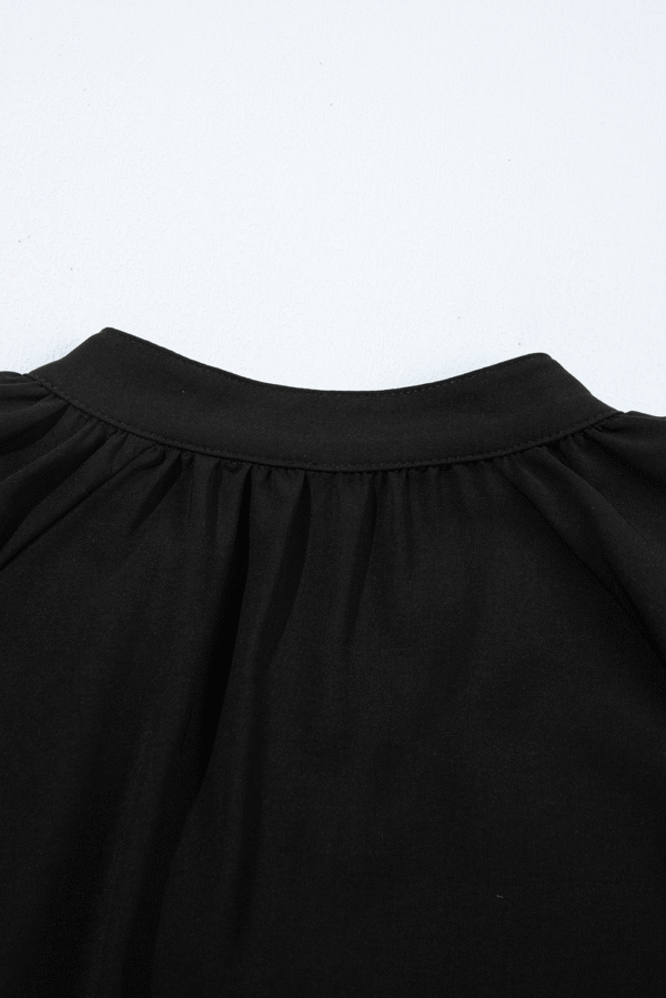 Black Bow Decor Puff Sleeve Split Neck Blouse