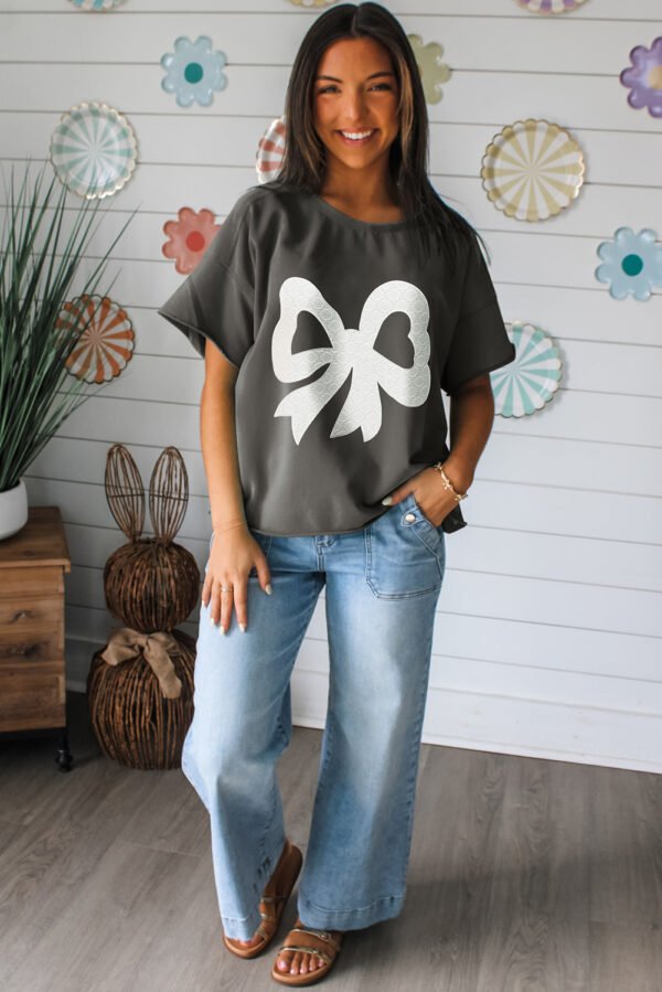 Medium Grey Lace Bow Raw Edge Drop Shoulder Casual T Shirt