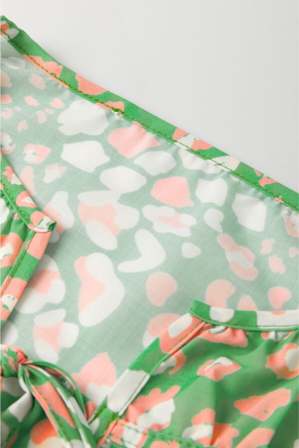 Green Abstract Leopard Tied Front Flutter Sleeve Blouse
