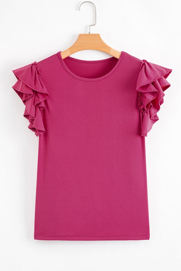 Rose Red Short Ruffle Sleeve Round Neck Blouse