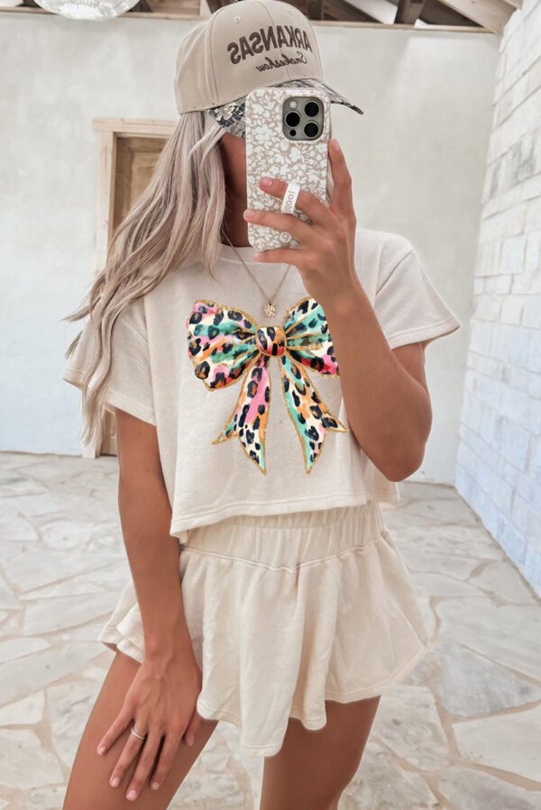Beige Bold Leopard Bow Print Loose Tee and Skort 2pcs Set