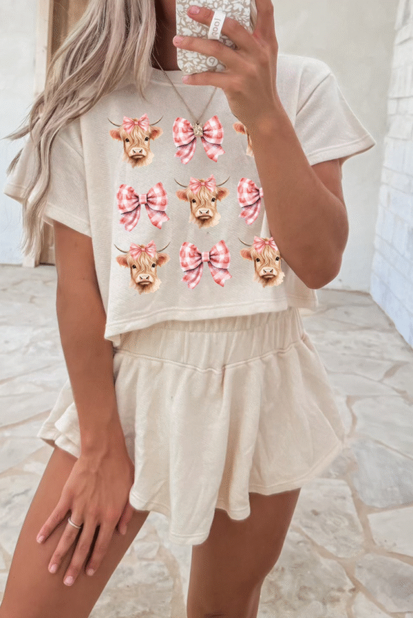 Beige Cow with Bows Cropped Tee and Skort Set
