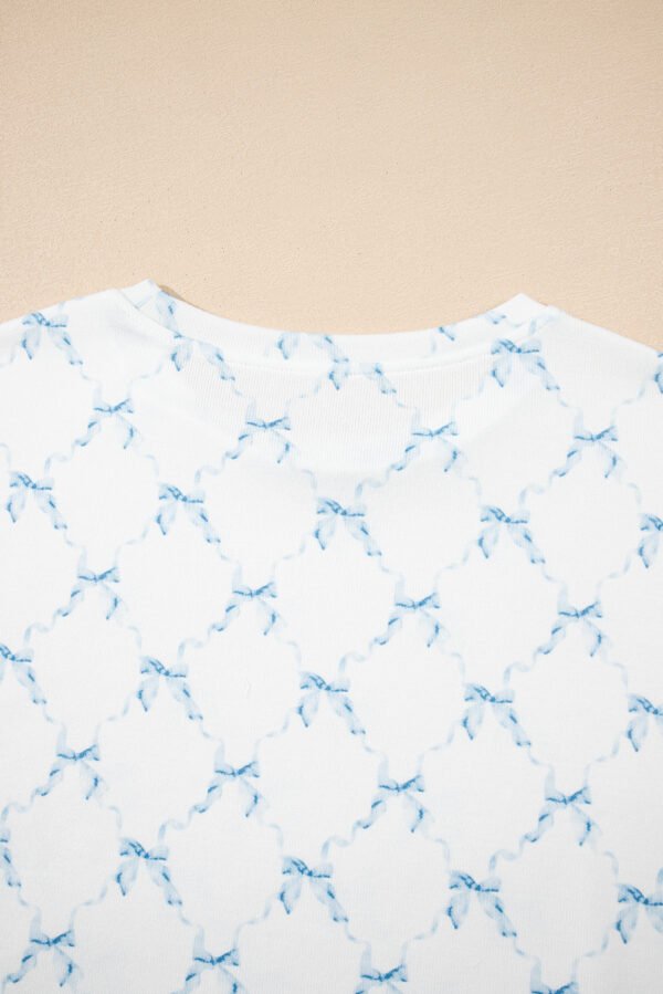Sky Blue Bow Knot Geometric Print Lettuce Trim Two Piece Lounge Set