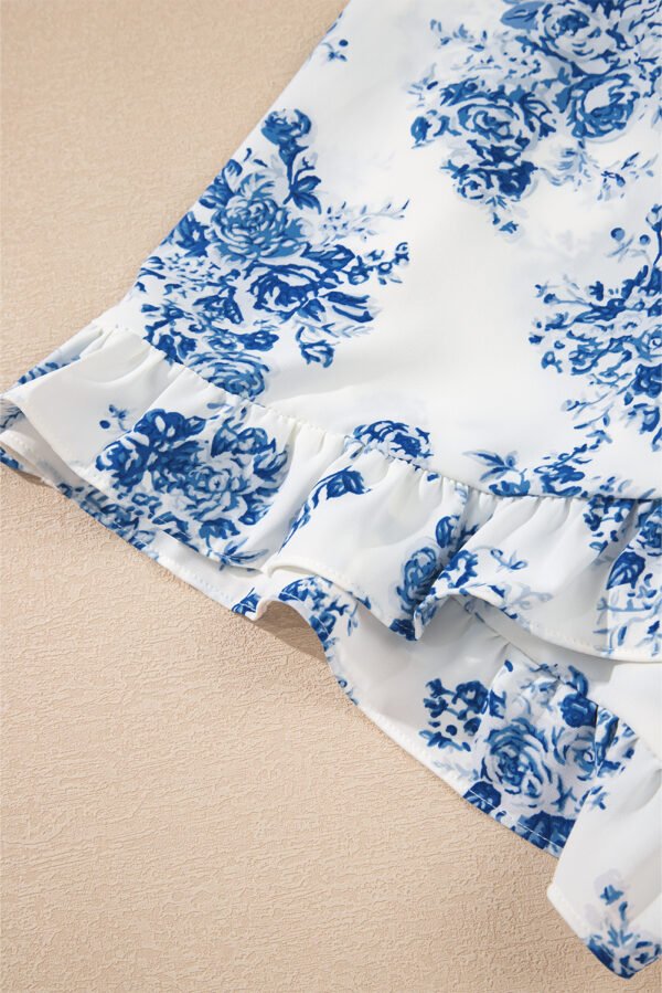 Sky Blue Floral Print Strapless Zipped Back Knot Waist Ruffled Romper