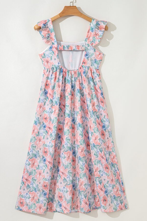 Pink Floral Print Square Neck Backless Long Dress with Slit