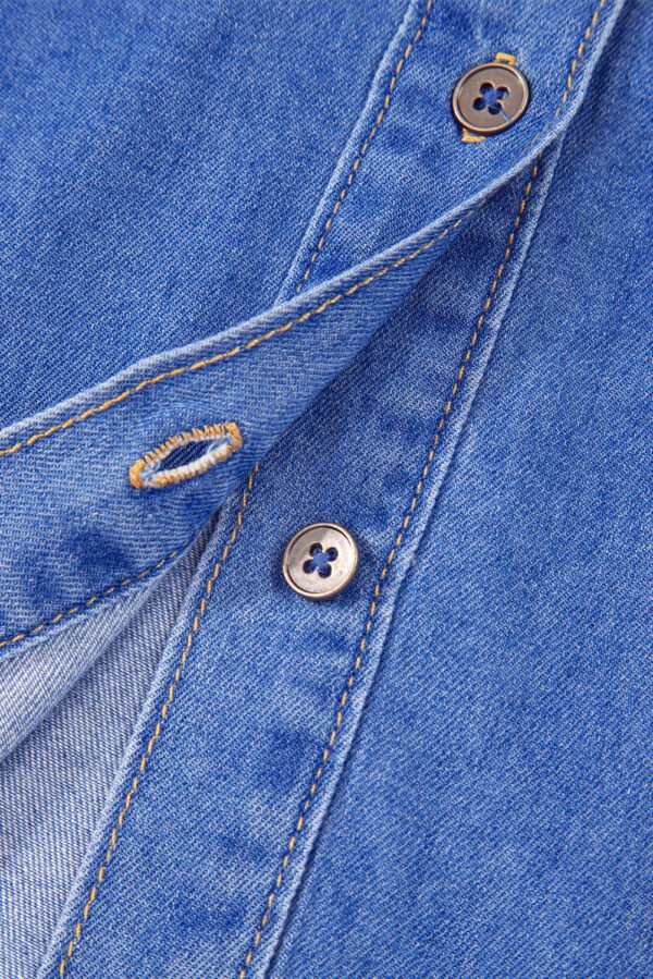 Sky Blue Mineral Wash Frilled Button Up Denim Shirt
