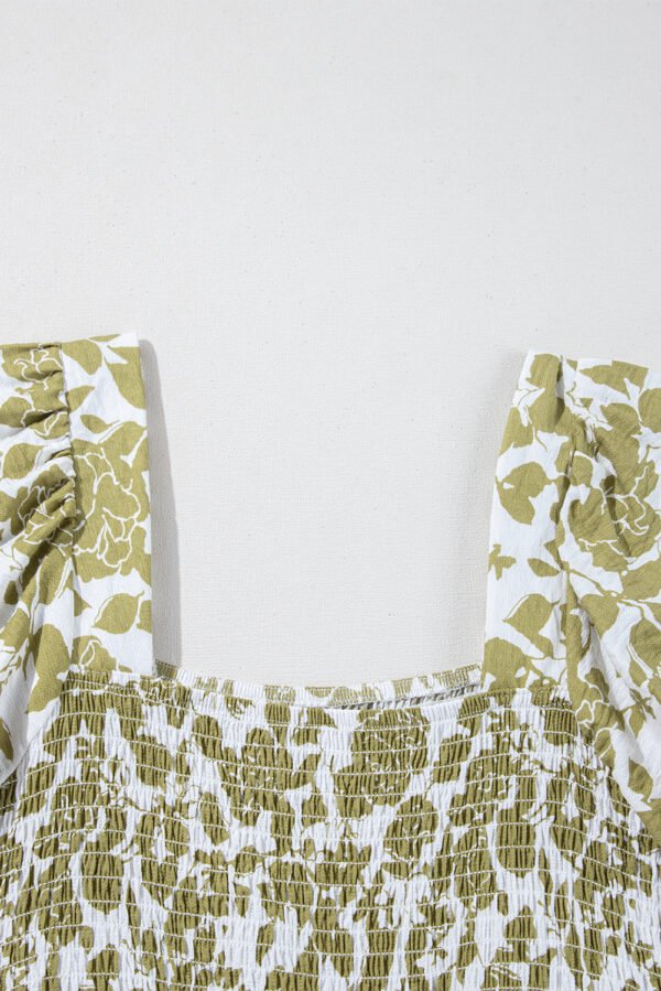 Yellow Boho Floral Square Neck Smocked Bust Puff Sleeve Tiered Long Dress