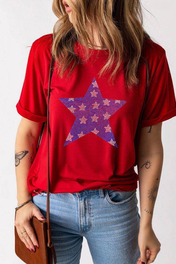 Red Rhinestone Star Pattern Independent Day T Shirt