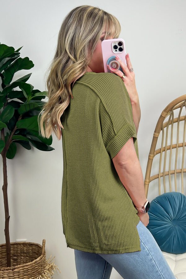 Jungle Green Textured Knit Exposed Stitching T-shirt