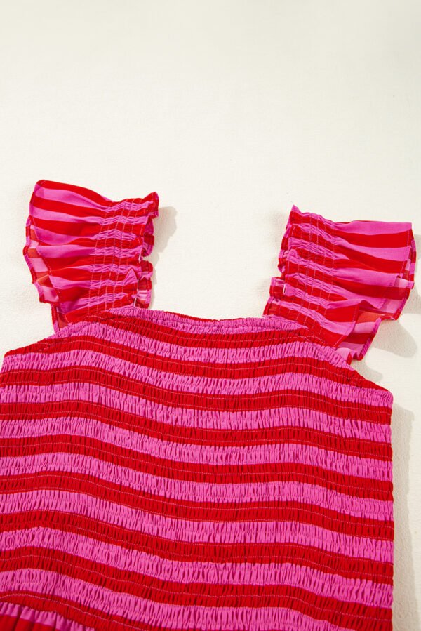 Rose Stripe Flutter Sleeve Smocked Bodice Tiered Maxi Dress