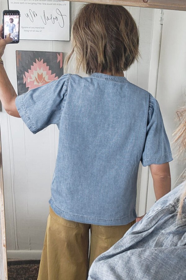 Myosotis Pintuck Pleats Puff Sleeve Split V Neck Summer Denim Top