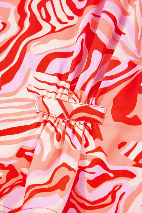 Red Abstract Print Ruffled Short Sleeve Mock Neck Blouse