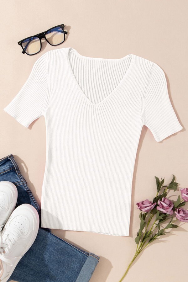 White V Neck Ribbed Knit Lightweight Short Sleeve Sweater