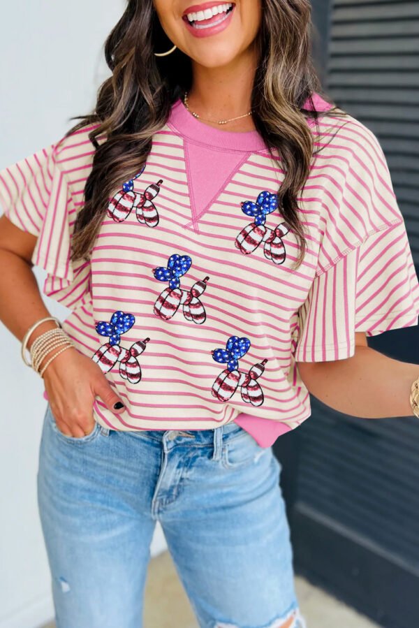 Sachet Pink Striped Sequin USA Flag Inspire Balloon Dog Patched  Ruffled Short Sleeve Top