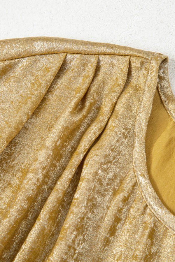 Gold Glossy Round Neck Pleated Detail Short Sleeve Blouse