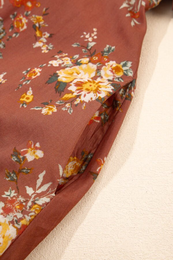 Red Floral Puff Sleeve Square Neck Knot Open Back Mini Dress