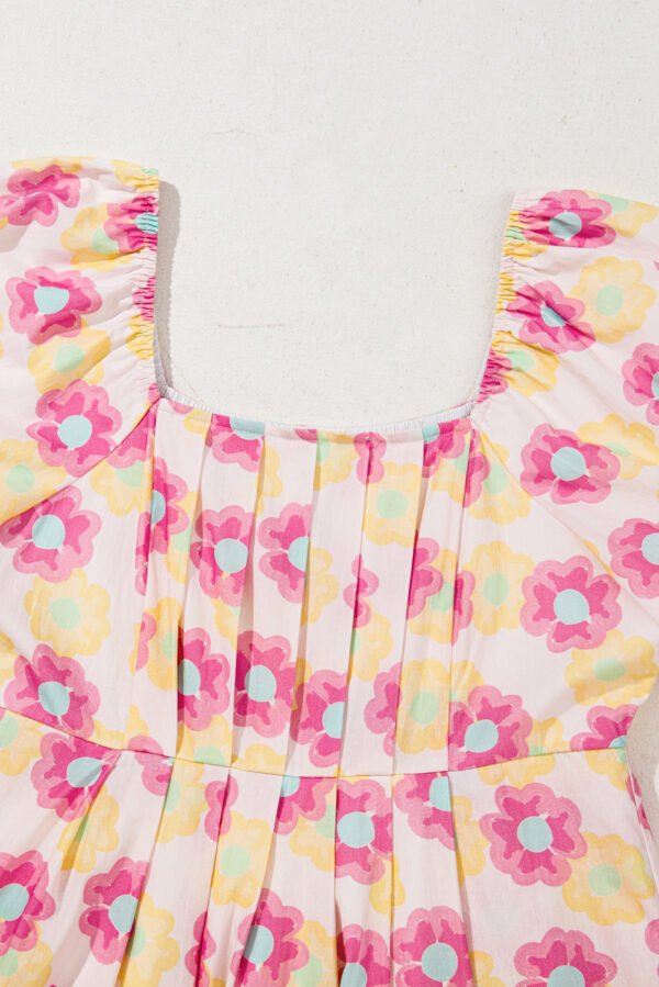 Rose Vibrant Floral Square Neck Puff Sleeve Pleated Flared Midi Dress