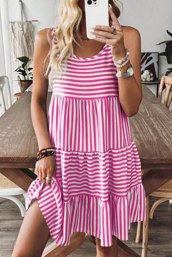 Rose Stripe U Neck Sleeveless Loose Fit Mini Dress