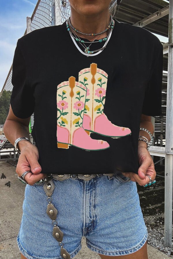 Black Floral Cowgirl Boots Cotton Blend T Shirt