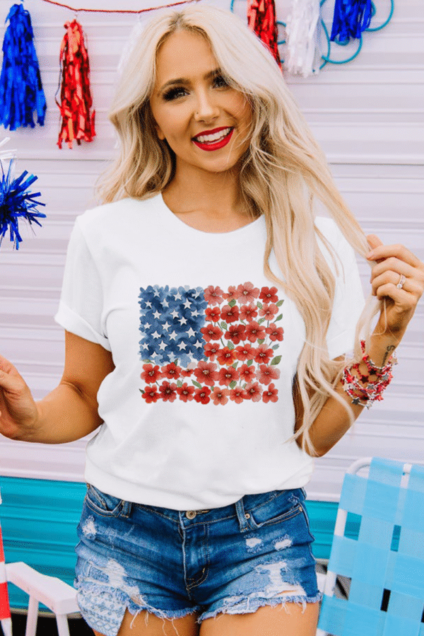 White Star Floral American Flag Printed T Shirt