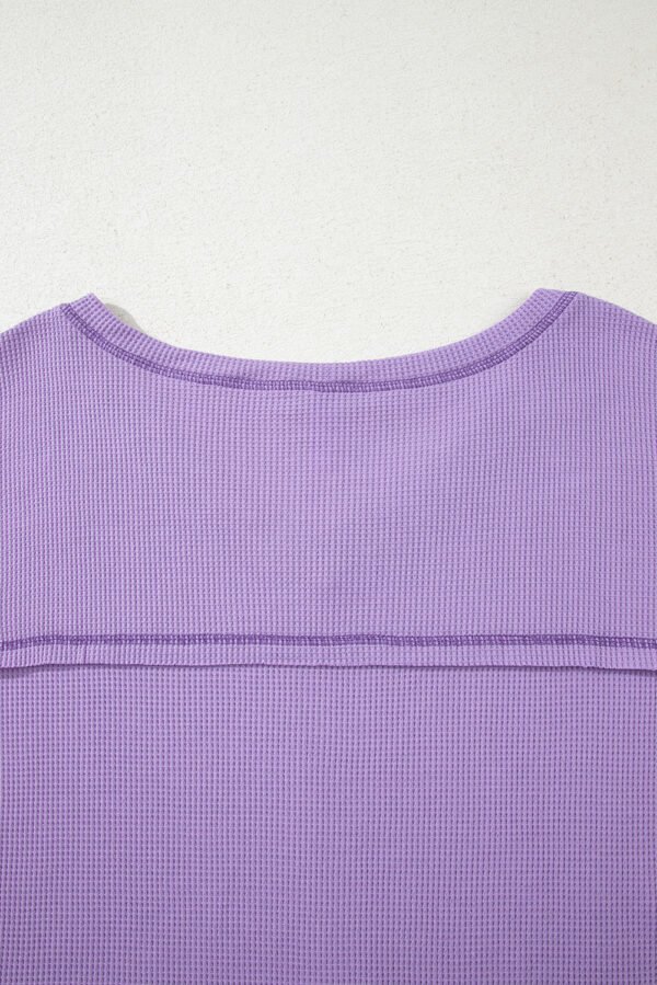 Purple Exposed Seam Half Sleeve Knitted V Neck Textured Top