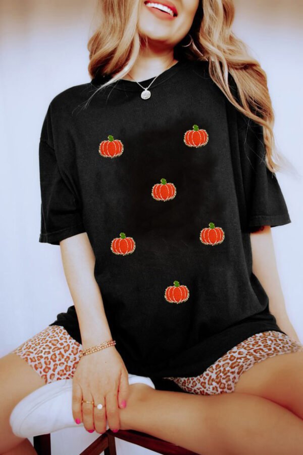Black Chenille Pumpkin Patched Casual Cotton Blend T Shirt