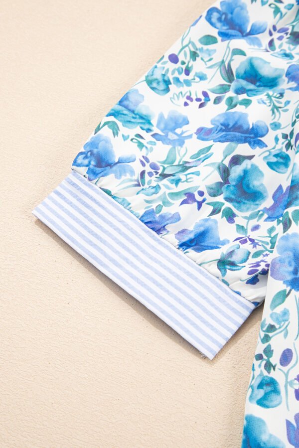 Sky Blue Floral Print Striped Patchwork Collared Short Sleeve Blouse