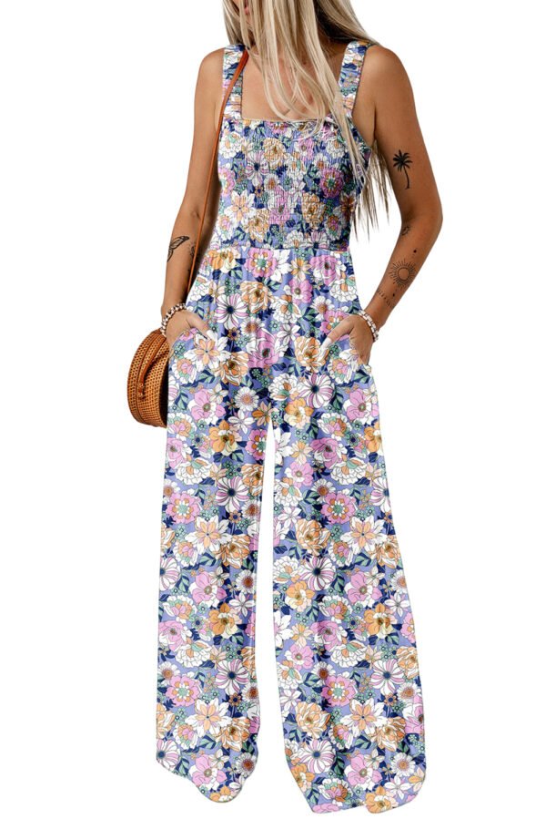Purple Floral Print Smocked High Waist Square Neck Jumpsuit