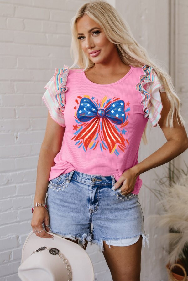 Bonbon Independence Celebration Bowknot Graphic Ruffled Sleeve Ribbed Summer Top