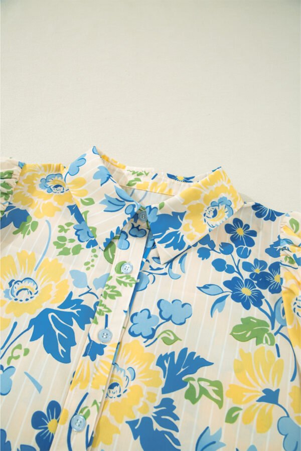 Blue Floral Striped Mixed Print Puff Short Sleeve Blouse