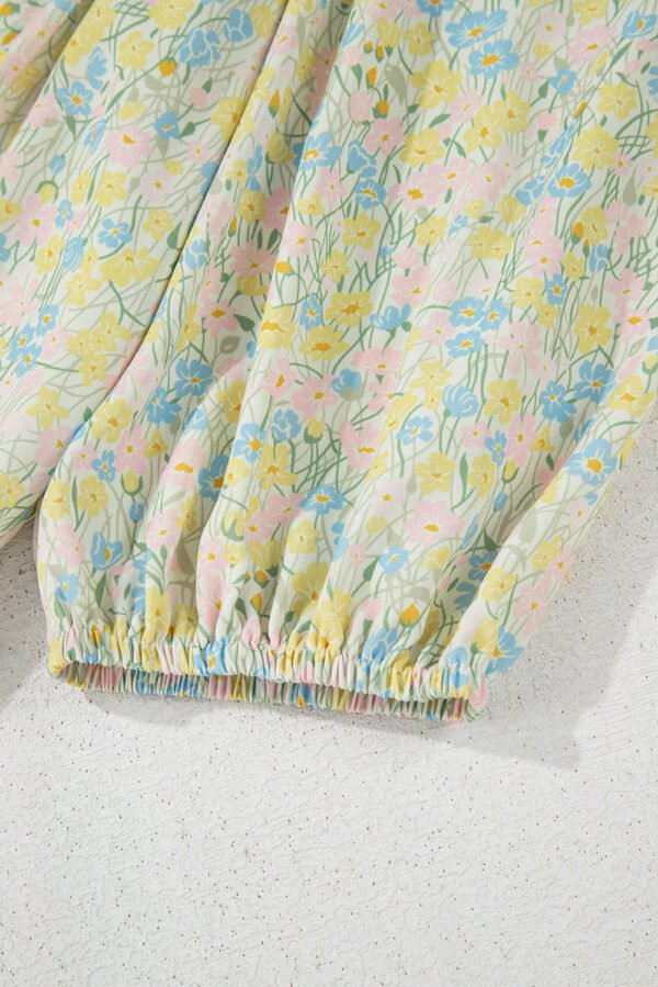 Green Floral Half Sleeve Frilled U Neck A-line Short Dress