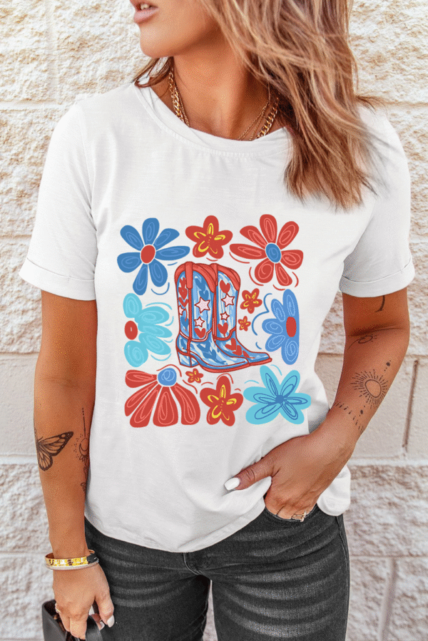 White Floral Cowgirl Boots Print Independence Day T Shirt