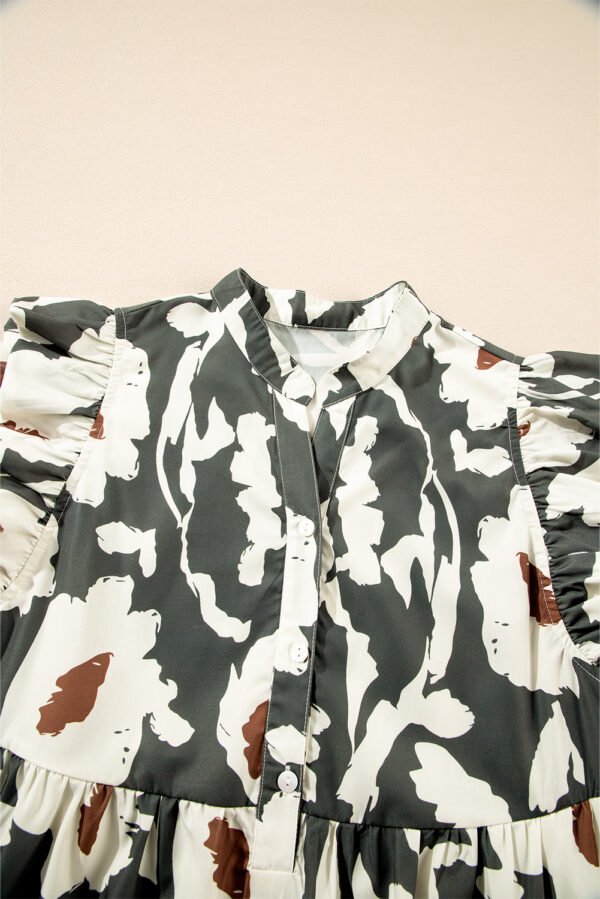 Floral Flutter Sleeve Buttons Ruffled Hem Mini Dress