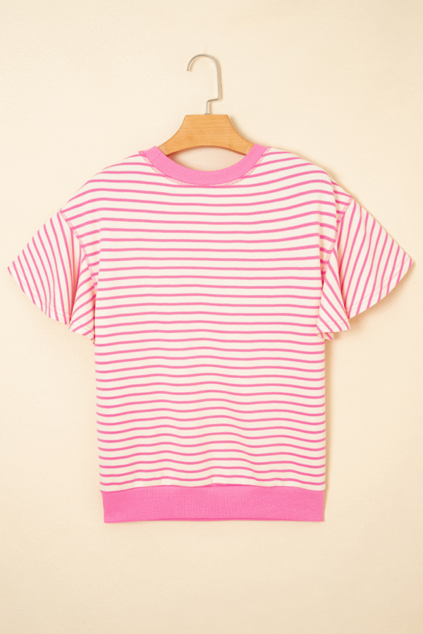 Sachet Pink Striped Guitar Patched Ruffle Short Sleeve Crossed Seam Blouse