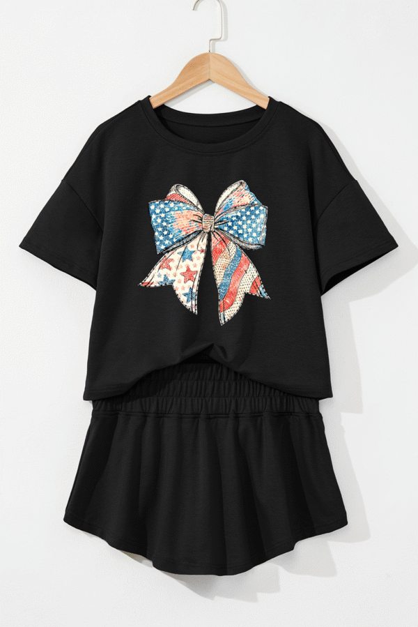 Black American Flag Inspired Bow Print Relaxed Tee and Skort 2pcs Outfit