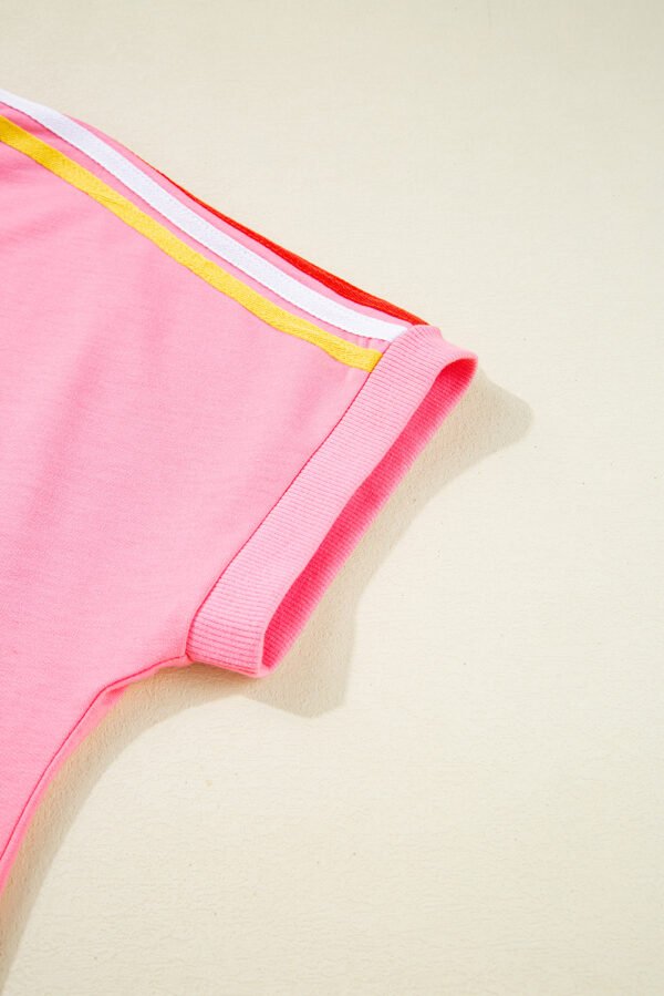 Bonbon Color Contrast Crewneck T Shirt and Wide Leg High Waist Pants Set