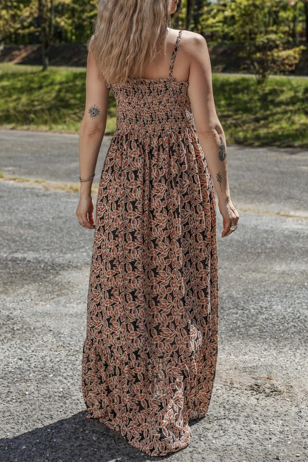 Brown Floral Smocked Bodice High Waist Flowy Sun Dress