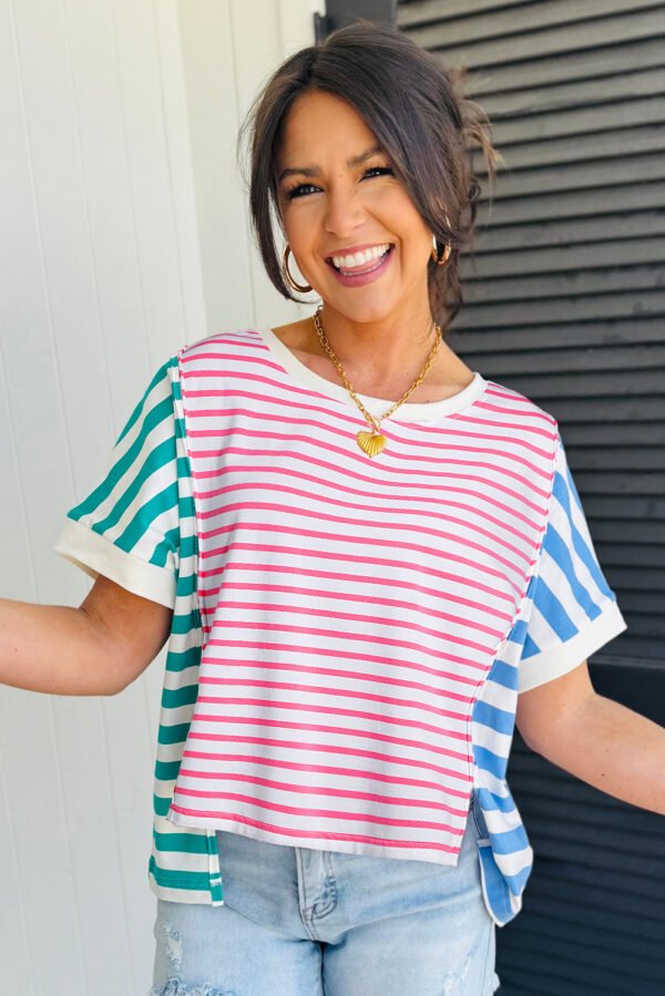 Pink Stripe Mixed Pattern Patchwork Uneven Hem Loose Tee