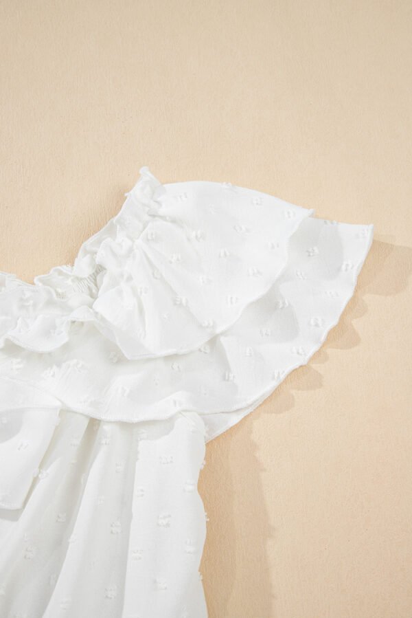 White Off Shoulder Ruffle Knotted Detail Swiss Dot Blouse