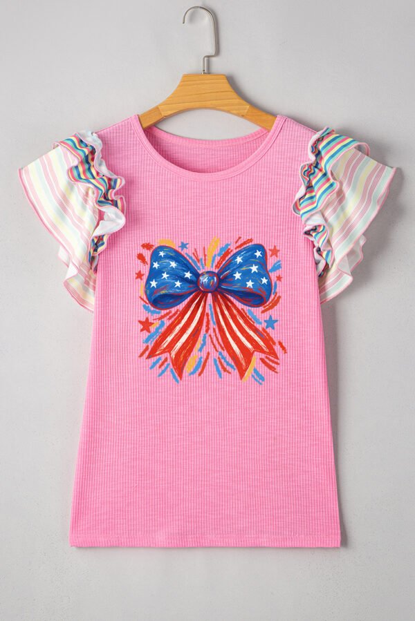 Bonbon Independence Celebration Bowknot Graphic Ruffled Sleeve Ribbed Summer Top