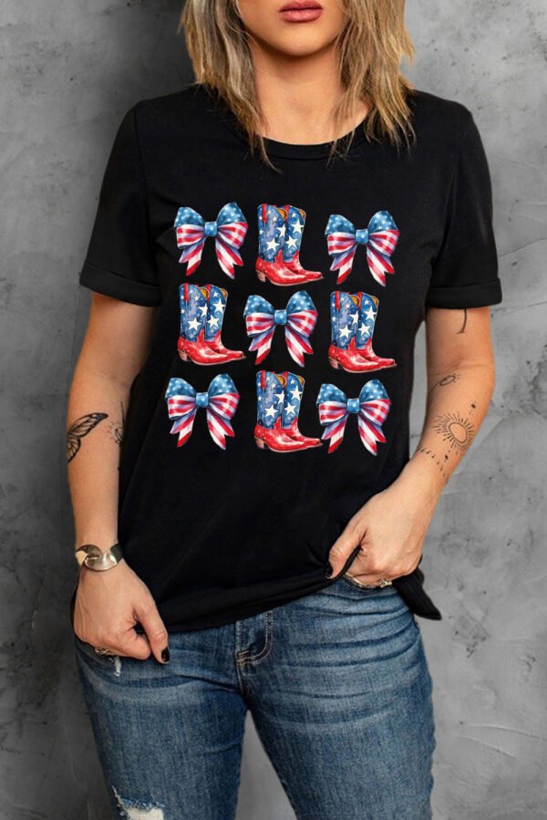 Black Stars and Stripes Bowknot Cowgirl Boots Graphic Patriotic Tee