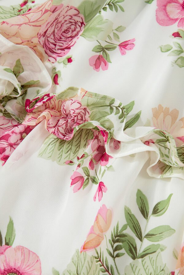 White Vibrant Floral Bubble Sleeve Sweetheart Neck Ruffle Mini Dress