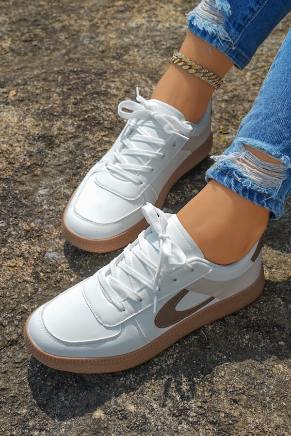 Coffee Color Contrast PU Leather Lace-up Sneakers