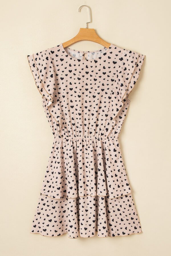 Khaki Heart Printed Flutter Sleeve Cinched Waist Tiered Ruffle Mini Dress