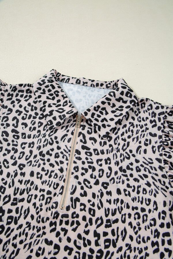 Brown Leopard Half Zipper Collared Ruffled Sleeve Top and Short Set