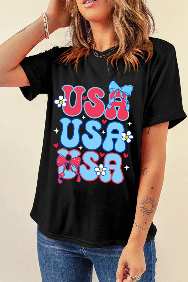Black July 4th Cute Flower Bow USA Letter Graphic Tee