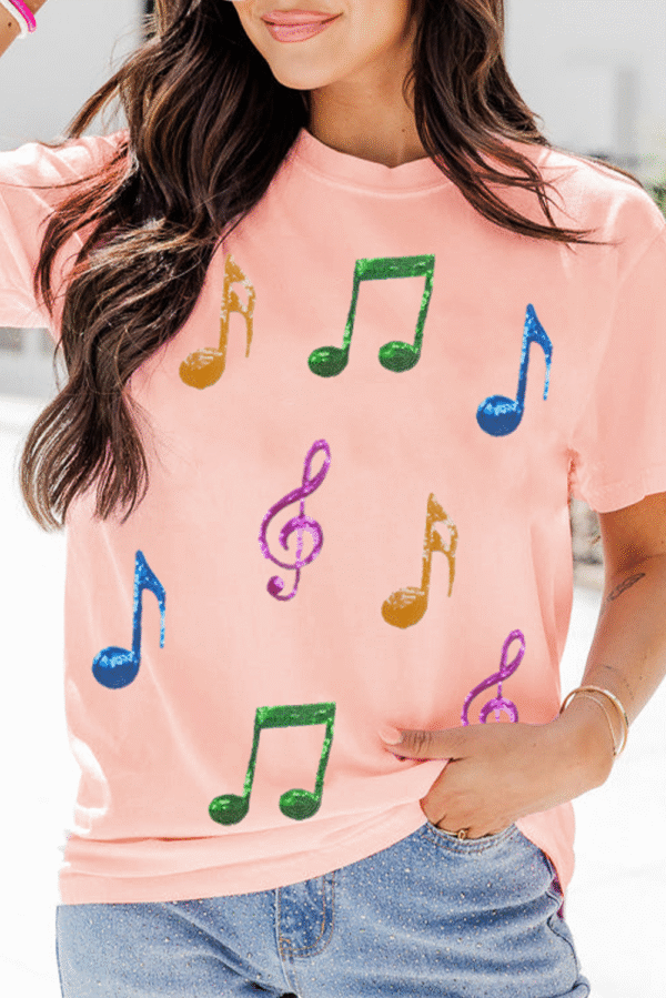 Pink Music Notes Patched Graphic Casual T Shirt